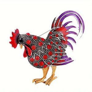Red Rooster Brooch Pin Inlay Rhinestone Purple Chicken Sparkle Hat Coat GIFT